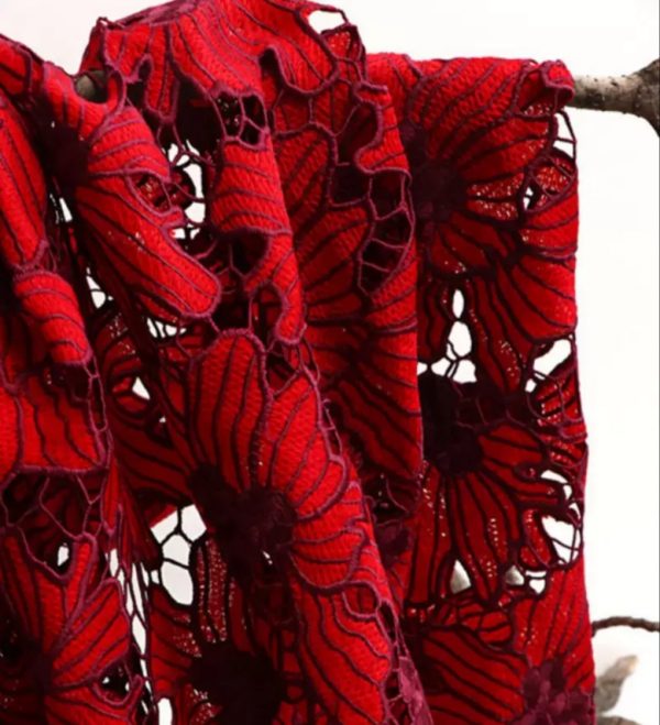 Red Floral Embroidered Water Soluble Dresses Lace Fabric