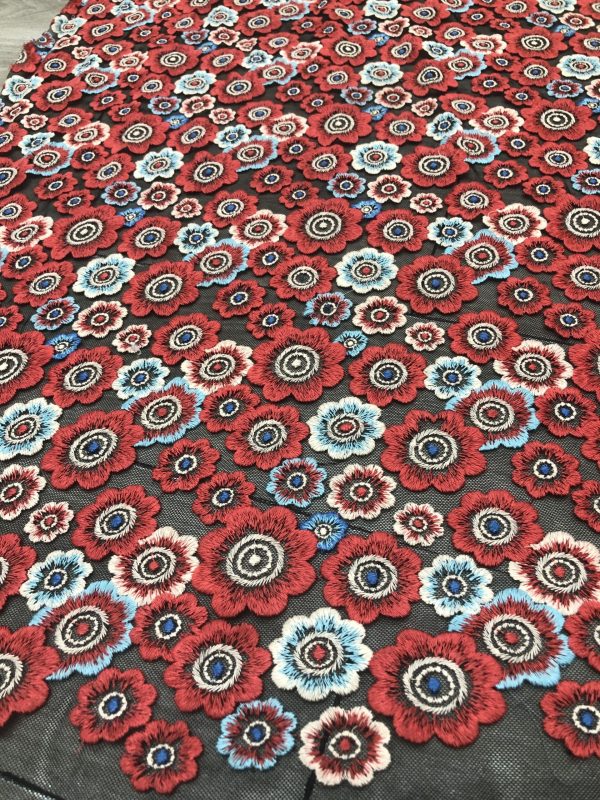 Multicolor Floral Embroidered French Net Lace Fabric