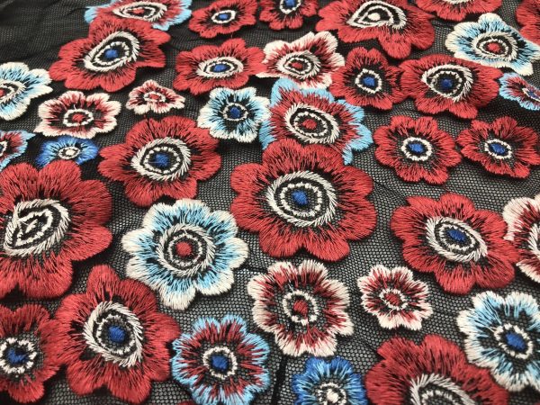Multicolor Floral Embroidered French Net Lace Fabric