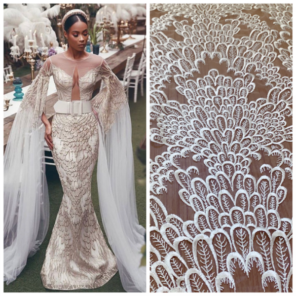 Offwhite Floral Embroidered Bridal Dresses Lace Fabric