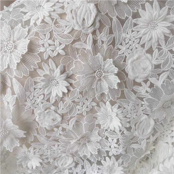 3D Sunflower Ivory Embroidered Veil Lace Fabric