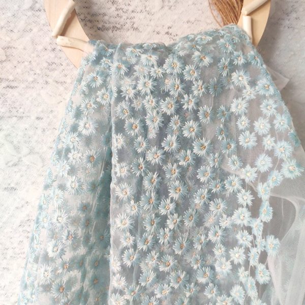 Ivory Light Blue Adorable Daisy Flower Embroidered Tulle Fabric
