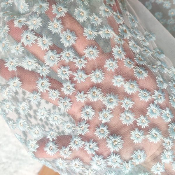 Ivory Light Blue Adorable Daisy Flower Embroidered Tulle Fabric