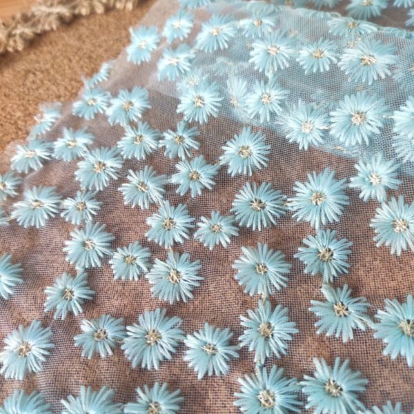 Ivory Light Blue Adorable Daisy Flower Embroidered Tulle Fabric