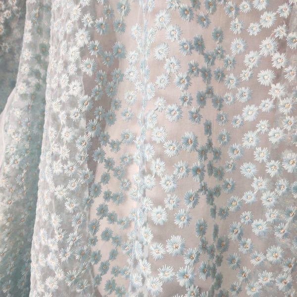 Ivory Light Blue Adorable Daisy Flower Embroidered Tulle Fabric