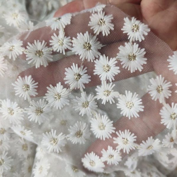 Ivory Light Blue Adorable Daisy Flower Embroidered Tulle Fabric