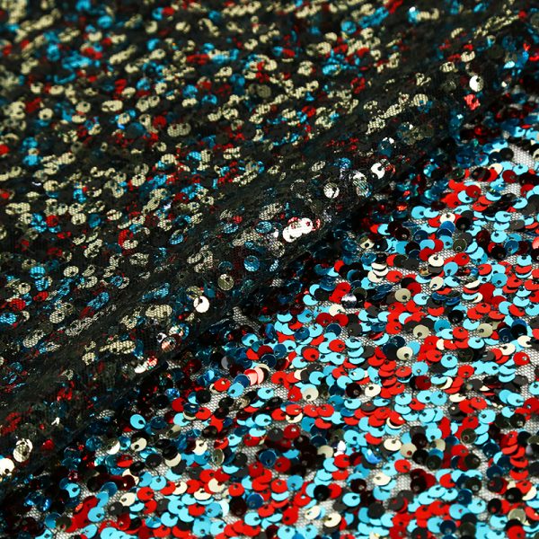 red and blue sequin embroidery reversible Polyester mesh garment fabric