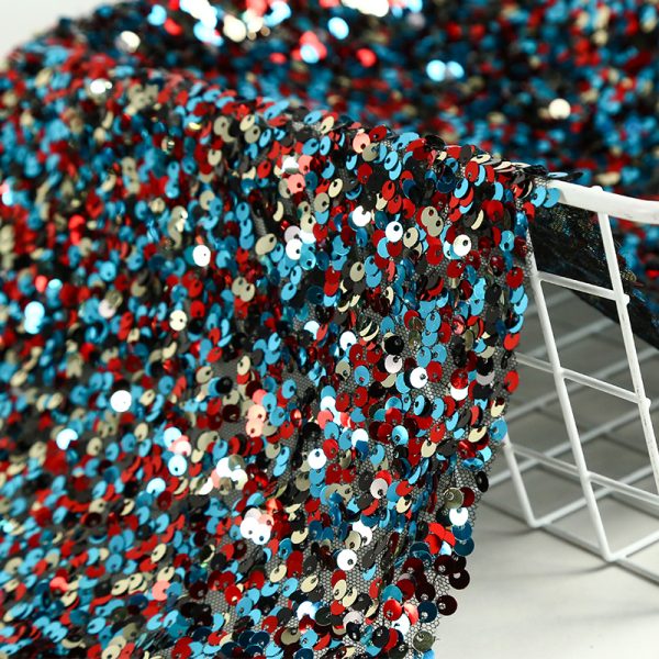 red and blue sequin embroidery reversible Polyester mesh garment fabric