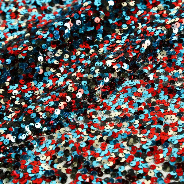 red and blue sequin embroidery reversible Polyester mesh garment fabric