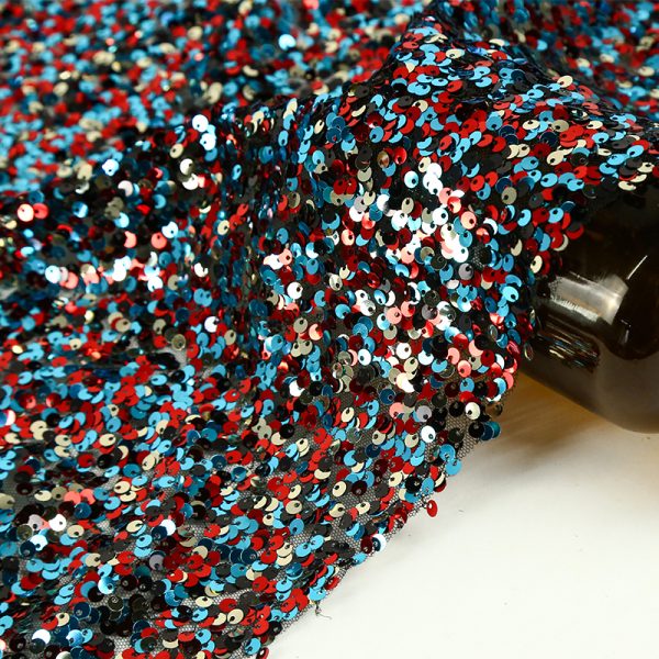 red and blue sequin embroidery reversible Polyester mesh garment fabric