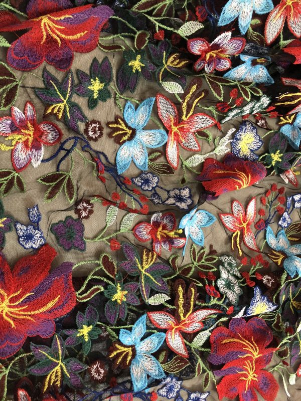 Multicolor Floral Embroidered French Net Dresses Lace Fabric