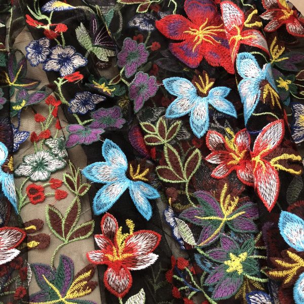 Multicolor Floral Embroidered French Net Dresses Lace Fabric