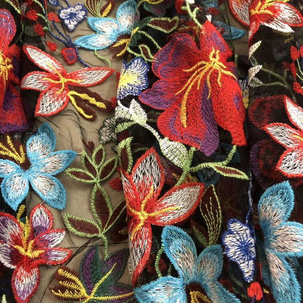 Multicolor Floral Embroidered French Net Dresses Lace Fabric