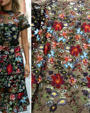 Multicolor Floral Embroidered French Net Dresses Lace Fabric