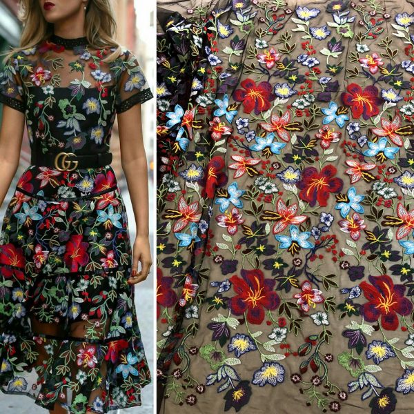 Multicolor Floral Embroidered French Net Dresses Lace Fabric