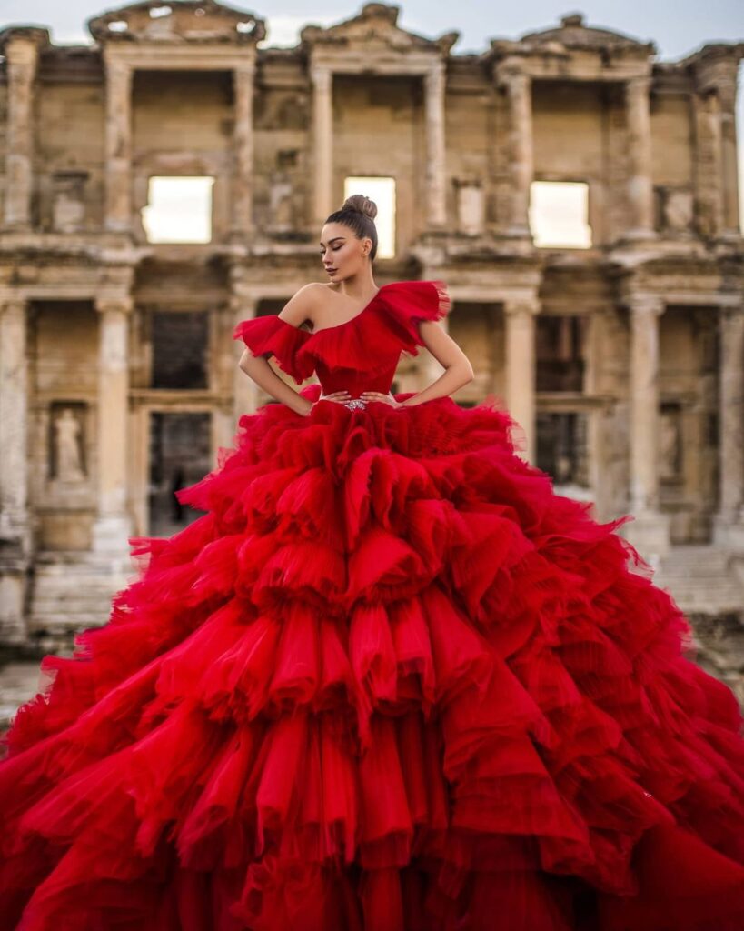Red Tulle Net Ruffle Cake Dress Fancy Mesh Net lace fabric