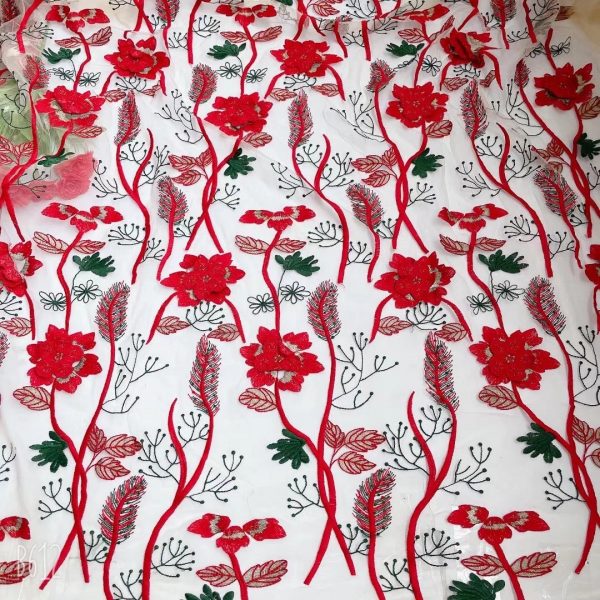 3D Multicolor Floral Embroidered French Mesh Dresses Lace Fabric