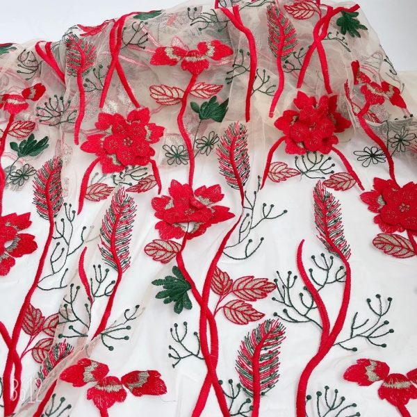 3D Multicolor Floral Embroidered French Mesh Dresses Lace Fabric