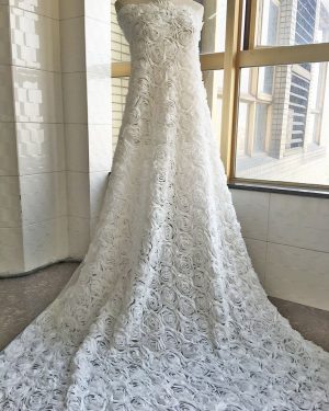 Off White Luxury 3D Rose Blossom Flower Chiffon Haute Designer Lace Dress Fabric