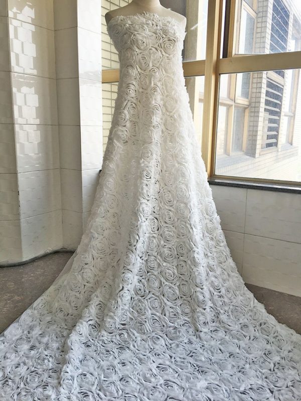 Off White Luxury 3D Rose Blossom Flower Chiffon Haute Designer Lace Dress Fabric