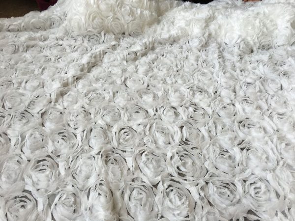 Off White Luxury 3D Rose Blossom Flower Chiffon Haute Designer Lace Dress Fabric