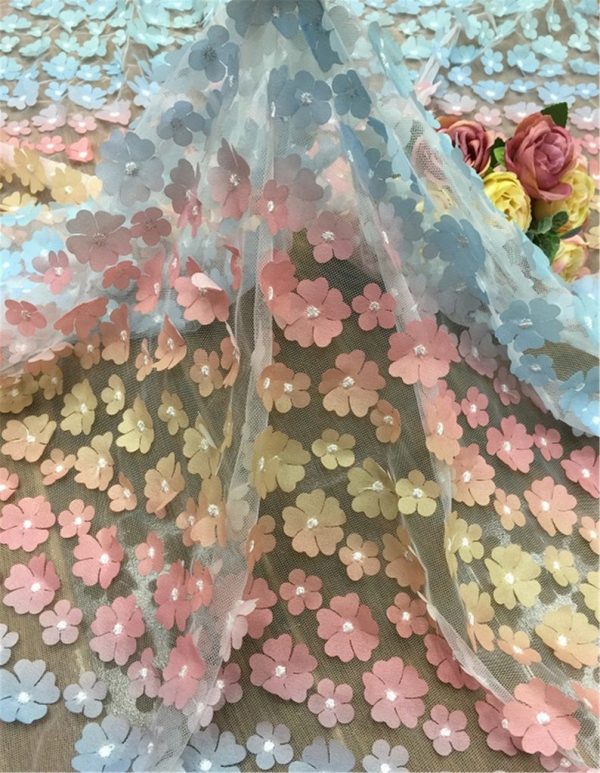 3D Rainbow Floral Embroidery Lace Dress Fabric