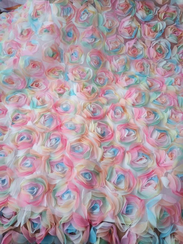 3D Rose Floral Multicolor Embroidery Wedding Lace Dress Fabric