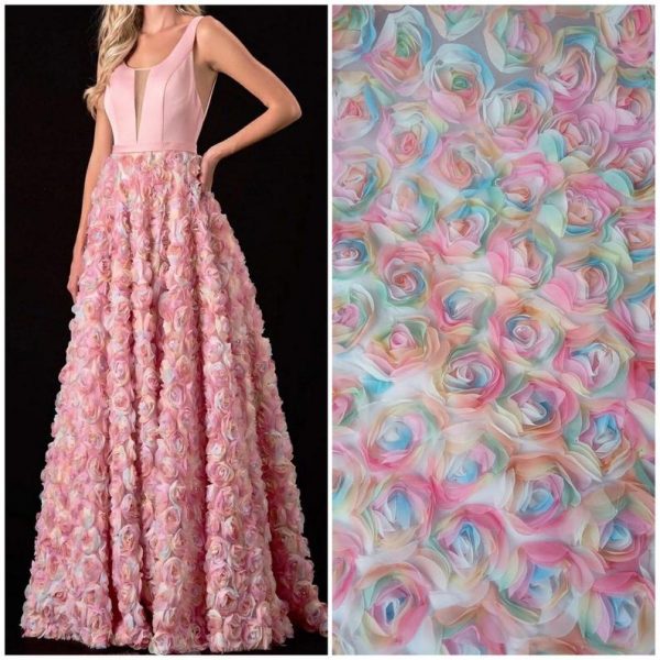 3D Rose Floral Multicolor Embroidery Wedding Lace Dress Fabric