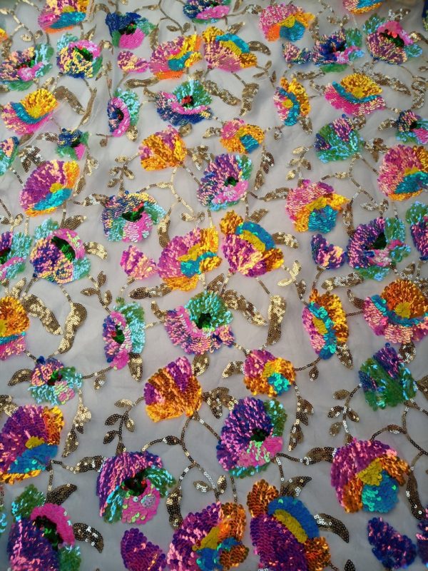 3D Floral Colorful Embroidery Sequin Mesh Vintage Wedding Dress Lace Fabric