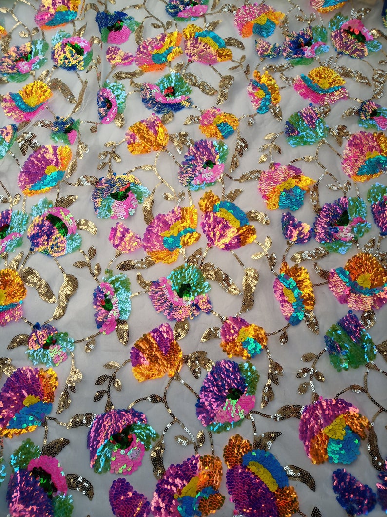 3D Floral Colorful Embroidery Sequin Mesh Vintage Wedding Dress Lace Fabric 3D Floral Colorful Embroidery Sequin Mesh Vintage Wedding Dress Lace Fabric