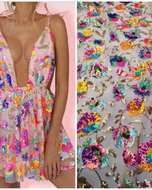 3D Floral Colorful Embroidery Sequin Mesh Vintage Wedding Dress Lace Fabric