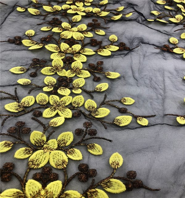 Yellow 3d leaves Embroidered Designer Dress lace Fabric