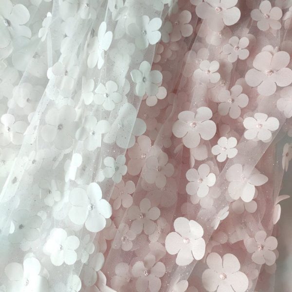 3D Floral Pink White Flower Mesh Embroidery Applique Dress Embroidery Fabric