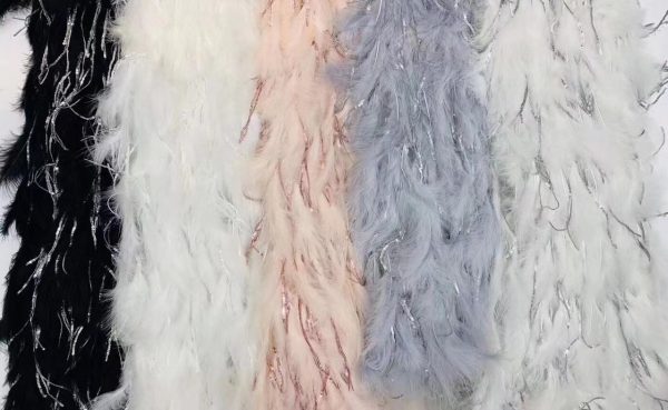 Luxury Premium Grey Feathers lace fabric with Shinning Tassels Fabric