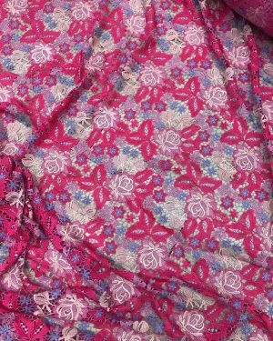 Fushia Pink Embroidered Chemical lace Guipure Fabric