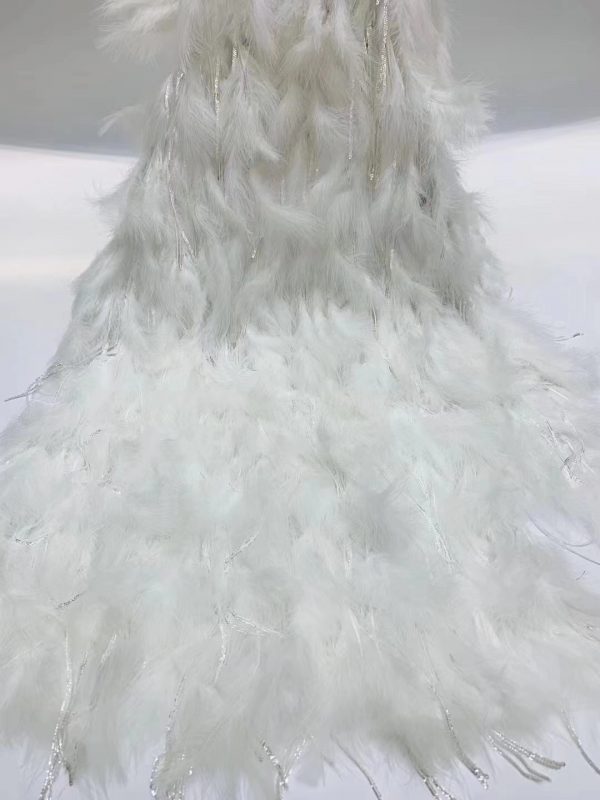 Luxury Premium Grey Feathers lace fabric with Shinning Tassels Fabric