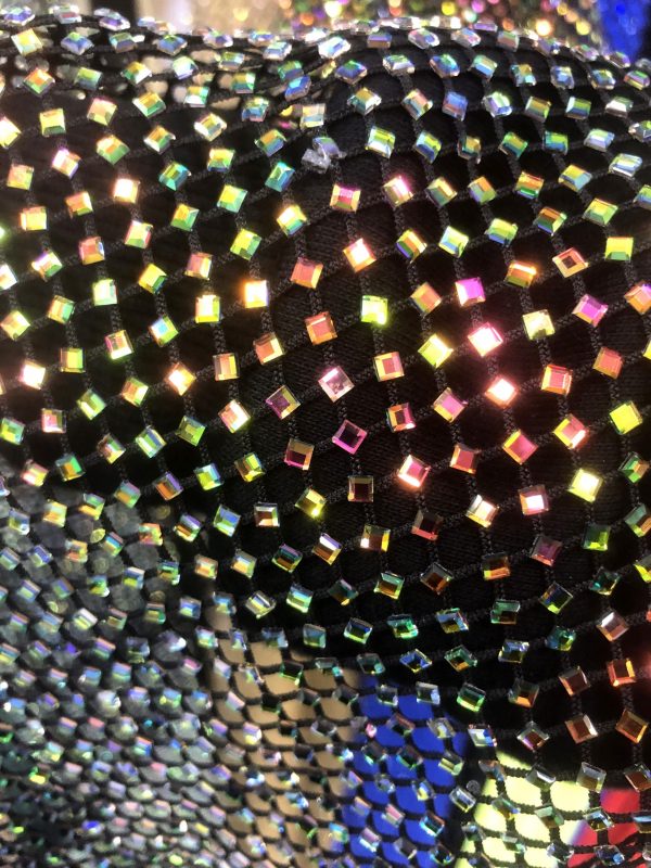 AB Iridescent square diamond Rhinestones On Soft Stretch Fish Net Fabric