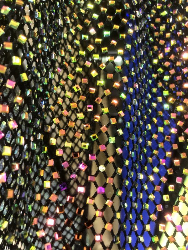 Black AB Iridescent square diamond Rhinestones On Soft Stretch Fish Net Fabric