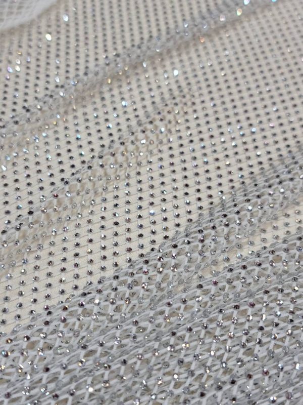 White Beaded Fish Net Fabric AB Crystal Beads Silver diamond Rhinestones Soft Stretch Fish Net Fabric
