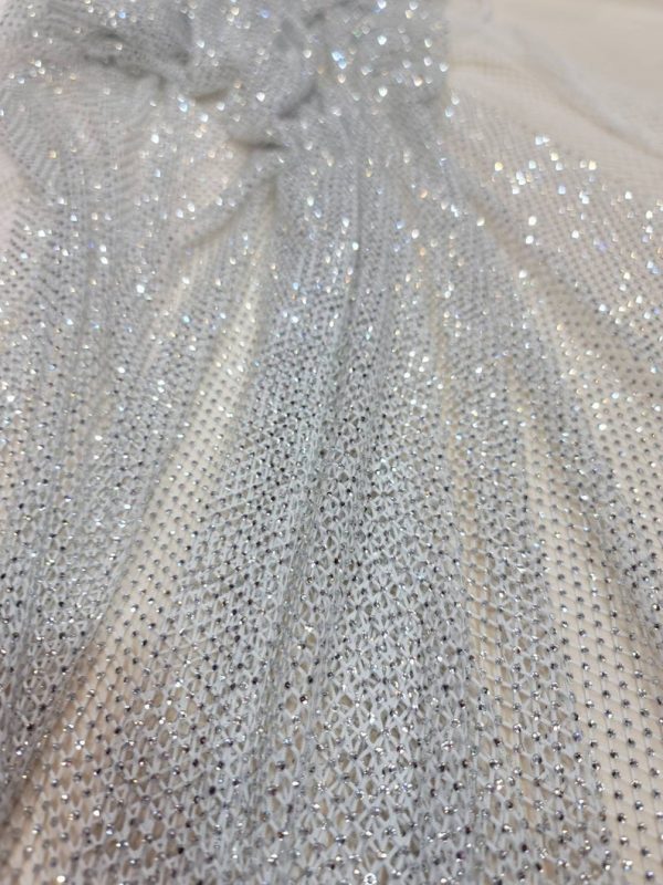 White Beaded Fish Net Fabric AB Crystal Beads Silver diamond Rhinestones Soft Stretch Fish Net Fabric