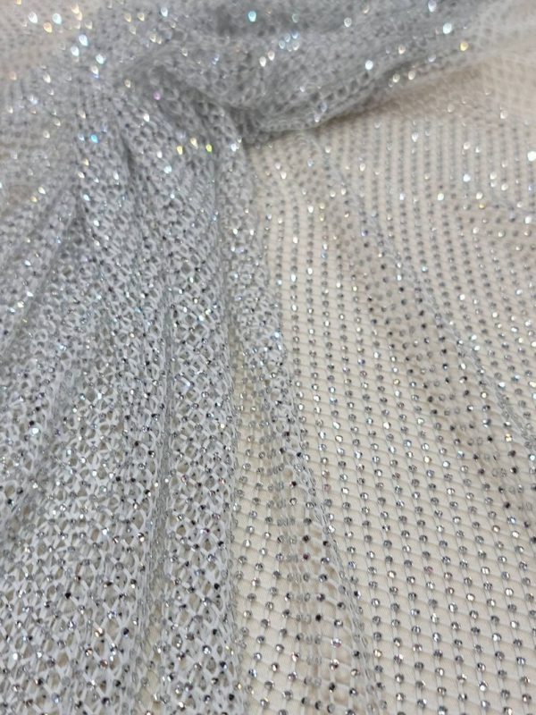 White Beaded Fish Net Fabric AB Crystal Beads Silver diamond Rhinestones Soft Stretch Fish Net Fabric