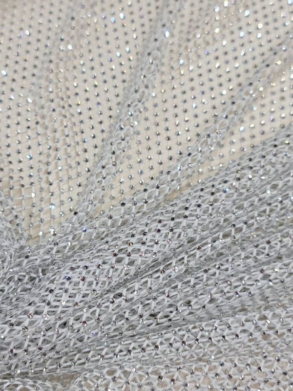 White Beaded Fish Net Fabric AB Crystal Beads Silver diamond Rhinestones Soft Stretch Fish Net Fabric