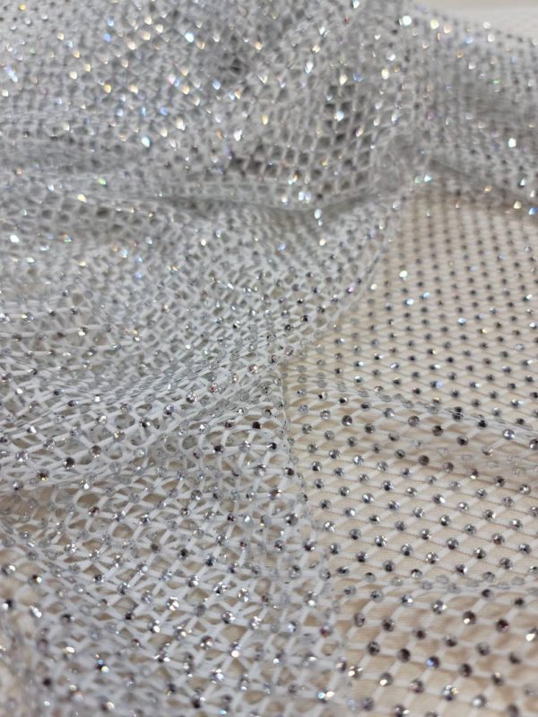 White Beaded Fish Net Fabric AB Crystal Beads Silver diamond Rhinestones Soft Stretch Fish Net Fabric
