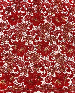 Red with Gold Sequins African Cord Lace Fabric