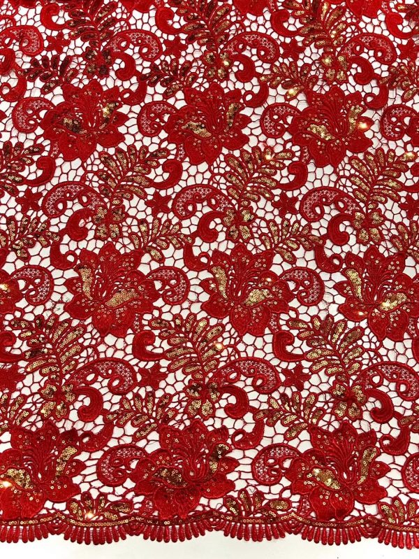 Red with Gold Sequins African Cord Lace Fabric