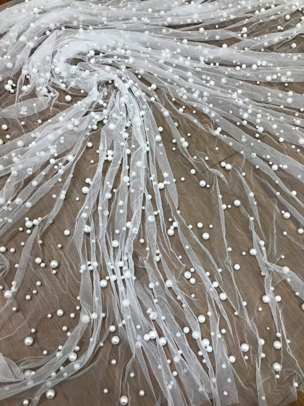 Off White Pearl Mesh Lace Fabric