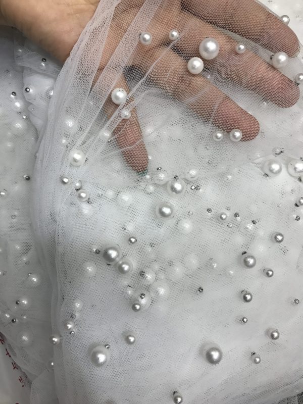 Off White Pearl Mesh Lace Fabric