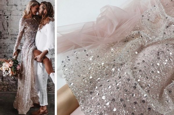 Ivory Beads and Sequins Embroidered Tulle Fabric
