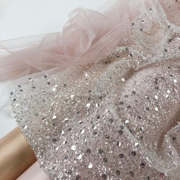 Ivory Beads and Sequins Embroidered Tulle Fabric
