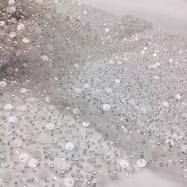 Ivory Beads and Sequins Embroidered Tulle Fabric